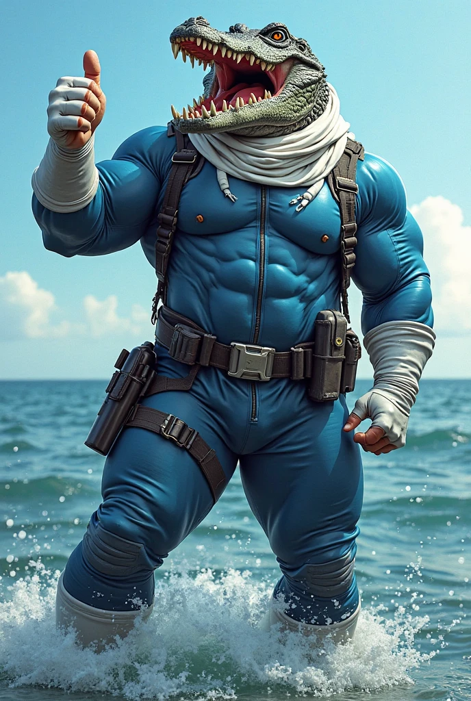 Allad man in white and black clothes standing on the sunny seashore, American round head, Buzz Cut, tall and burly, muscular male hero, heroic male pose, muscular! Wearing black sunglasses, spandex tight high elastic bodysuit, super buff and cool, high resolution committee, character design police, black army boots, charismatic strong male with spandex tight high elastic bodysuit