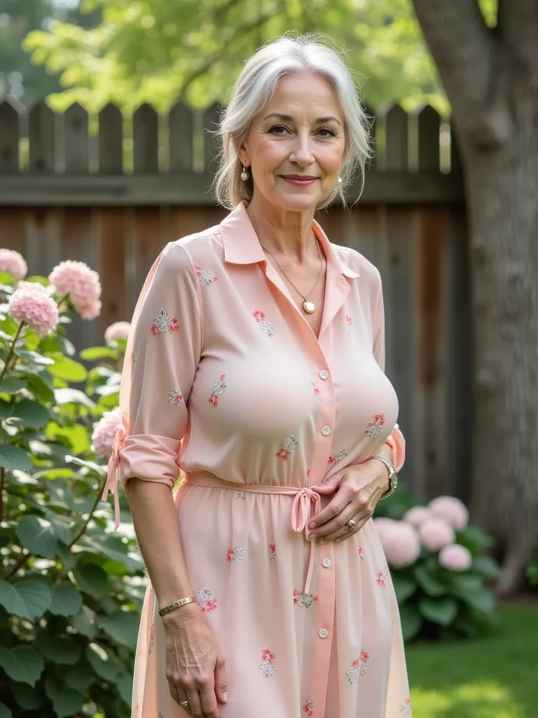 Ellen Burstyn, her name is Lieke, high quality, 1 old woman, ((50-year-old plump dutch woman)), ((55 years old)), (((wrinkled body))), ((((old body)))), ((milf)), ((short grey hair)), (((no make up))), (pale skin),(((large breasts))), ((wide hips)), ((thick legs)), ((Large cleavage:1.1)) POSE: STANDING, ((she is wearing stylish Generation X floral clothing different colors)), cheerful, happy, BACKGROUND: outdoor: Elegant gardens with neatly trimmed hedges, statues, and vibrant flower beds. Peacocks roaming freely and a clear blue sky could set a serene atmosphere.