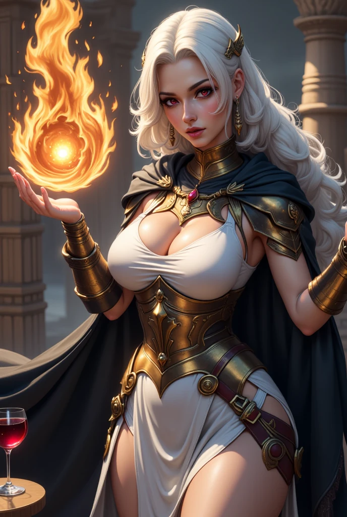 silver goddess in flame-red pleated slim cloth with golden lines accents, fireball, satin, fur, (stockings), natural breasts, slim body, (((colorless skin))), zettai ryouiki, medium length hair, beautiful detailed bright fire eyes, portrait, most realistic, highest quality, best pixels, 8k ultra