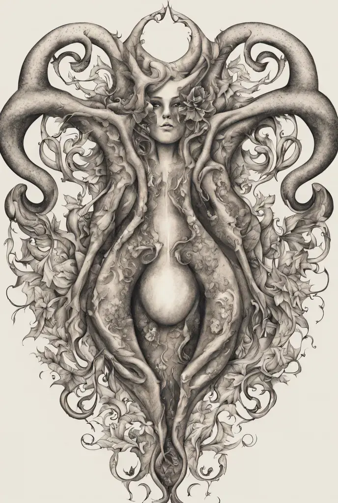 A tattoo of a woman with a mushroom head, naked, surrounded by various mushrooms, in gothic tribal style in black only 