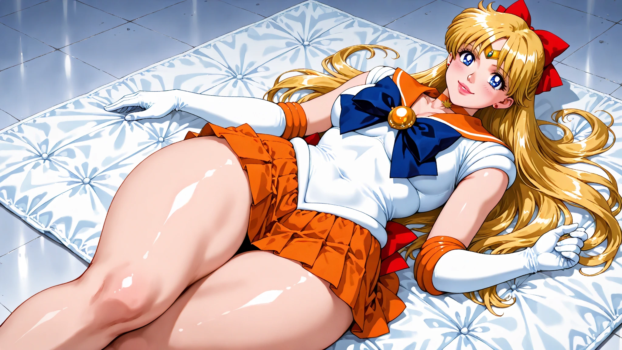 (High quality, 32k anime ultra HD, 1980s /(style/), retro art style, highly detailed, perfect anatomy, NSFW-14, uncensored), ((sailor moon, Tsukino Usagi, full nude)), 1 girl, solo, (blonde hair, short hair, twin tails, center parted bangs, hair blowing in the wind), (beautiful eye details), blue eyes, slightly open mouth, smiling, cowboy shot, (big breasts:1.3, realistic nipples, realistic areola), (hard breasts, beautiful breasts), slim waist:1.0, wide hips:1.2, big ass: 1.2,(pussy, realistic, super detailed),(lying down, legs spread, on back, on bed),looking at viewer,(bedroom background, big bed, dimly lit room, lamp light),(front view, below),core_9_up,score_8_up,score_7_up,score_6_up,