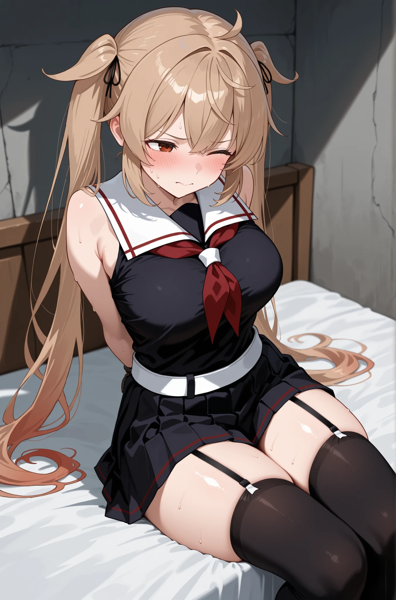 masterpiece, best quality, highres, aamurasa, long hair, twintails, , white sailor collar, red neckerchief, sailor shirt, black shirt, sleeveless, black skirt, pleated skirt, ((((hands tied behind)))), ((Arms behind back)), brown rope, ((large breast)), basement, cowboy shot, damaged, closed eyes, scowl, sweat, indoors, sitting on the knees, seiza, bbmurasa,
((Shibari)), Wrapped in a rope, ((((Bondage)))), ((Rope Bondage)), Exquisite details and textures, ((Rope is wrapped around the body many times)))), (brown rope),