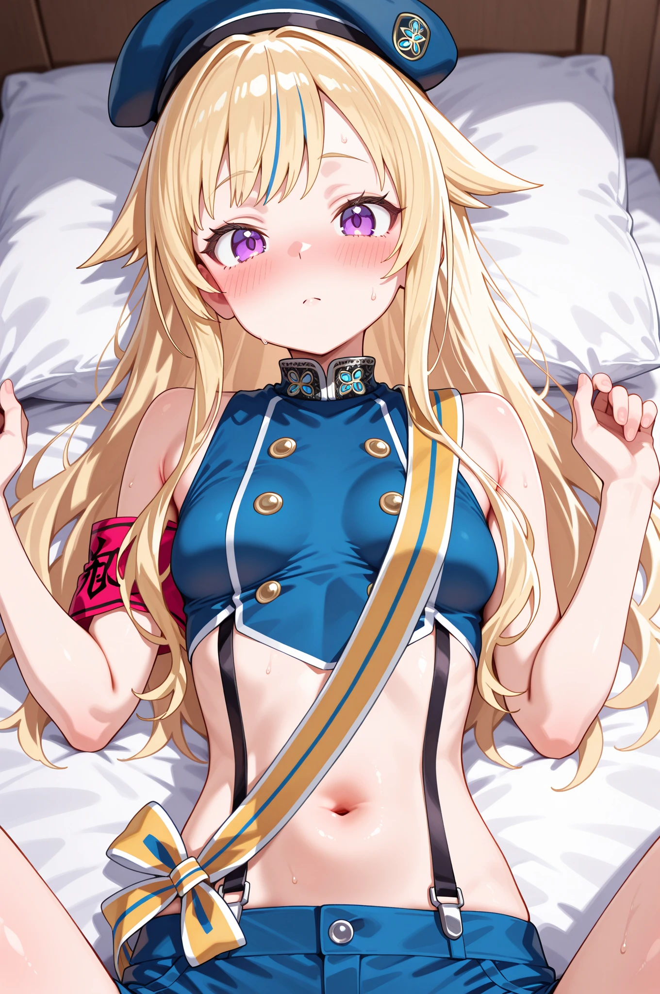 ((highest quality)), ((masterpiece)), ((detailed)), ((NSFW)), ((Sex)), ((heart shaped pupils)), ((steam)), ((Creampie)), ((yellow middle hair)), ((yellow eyes)), ((blue eyes)), ((hair between eyes)), ((clothed)), ((playboy bunny)), ((On the bed)),