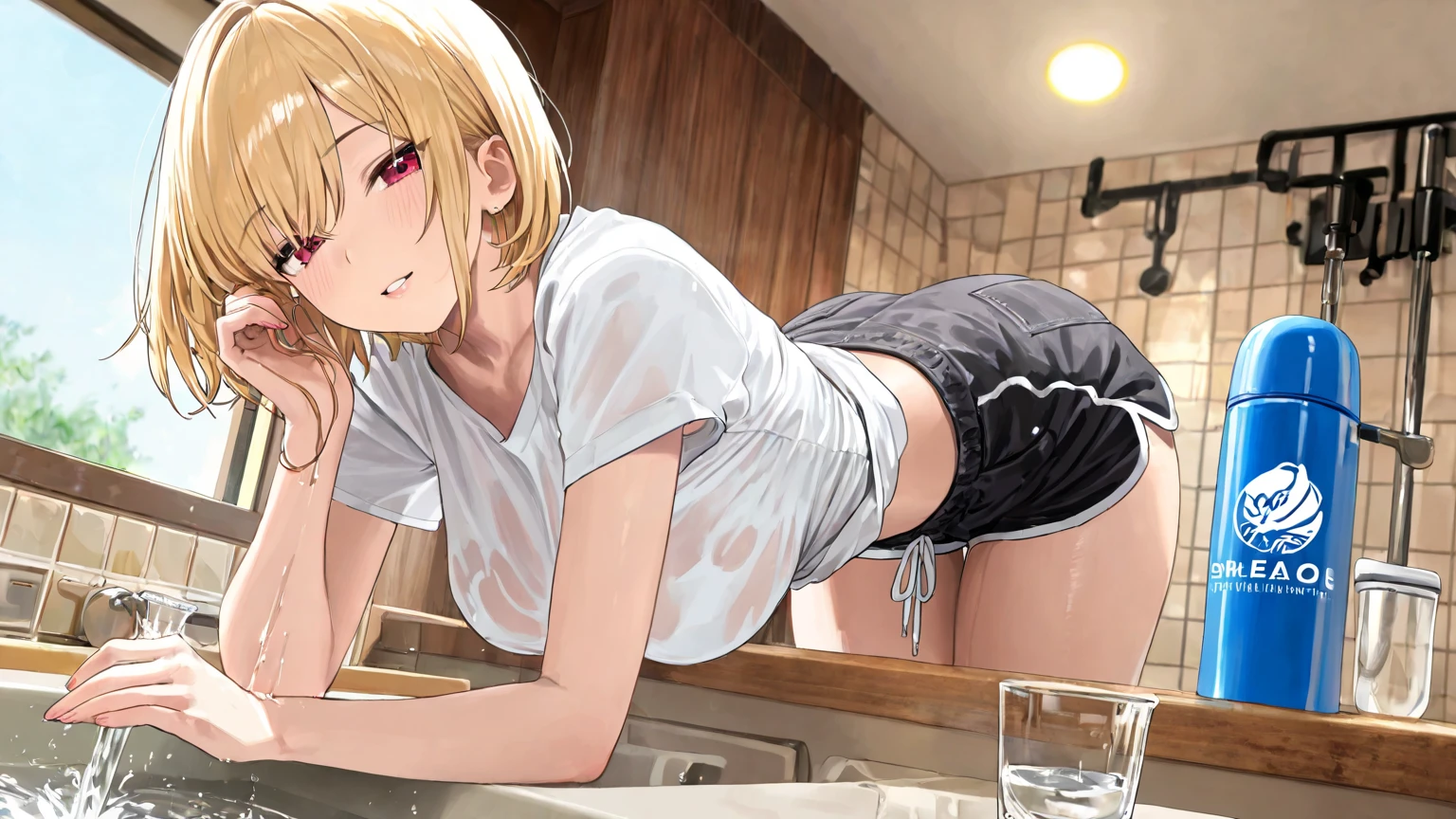 score_9_up, score_8_up, score_7_up, 1girl, solo, mature female, Nobara Kugisaki, brown bob hair, brown eyes, pink lips, parted lips, fit slim body, perfect medium erected breast, (((grey hoodie, black tight thong, long white socks))), (((modern open space kitchen, with panoramic windows))), looking at the viewer, perfect model body, sitting on the table top with spread legs, touching her lips with her fingers, seductive look
