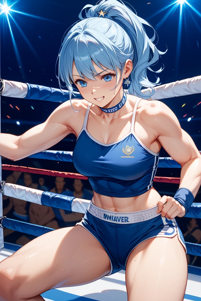 1girl,long face, tattoo on her face,matured , ponytail black hair,hair ribbons ,black eyes, ,blue skirt,joyful , standing,blue glowing dragon tattoos on her neck,glowing tattoo on her face,making a first, MMA gloves,perfect body,colourful beautiful school festival as the background,
