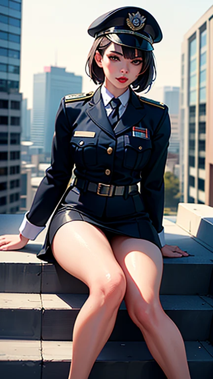 Arabian woman in uniform sitting on a shelf, Pilot clothing, Girl in uniform, Tight clothing, cute Pilot Girl, Knee socks and skirt, Pilot Girl, Wearing a tight suit, sakimichan, Tight navy blue leather outfit, wonderful, Wearing the principal's uniform, Behind it is a flat, uniform sky., lower angle, Wearing a strict business suit
