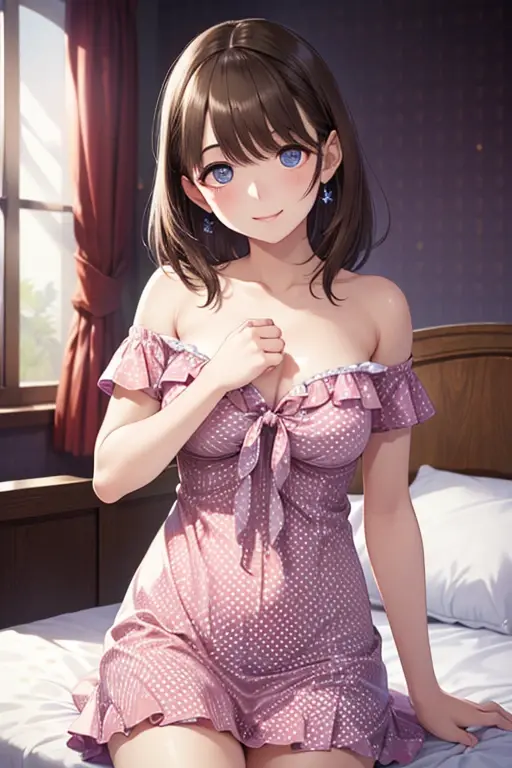A beautiful girl in a violet dress sitting on a bed with rose petals, anime girl,masterpiece, longing, closeup cleavage, Big eyes, KawaTech, kawaii, Cute, Pastel colors, Best Quality, cheerfulness, Deep background, Symmetrical, Head Tilted, 1girl in, lightsmile, Shiny skin, Best Quality, masterpiece, (Game CG:1.4), NSFW, Detailed beautiful face and eyes, bottom shot, turned around, hight resolution, (high detailed face), ((((1girl in)))), ((( Solo ))), delicate and pretty, Perfect face, Beautiful detailed eyes, ((Smile)), earrings, smile, blush, pupils sparkling, Fair skin, Real Human Skin, ((((20 years old )))), (big round breasts)), Baby face, dark brown hair, pink gradient bangs, long bangs, long hair, (((Ponytail))), wavy hair, swept bangs, shiny hair, hairclip, ribbon, hair flower, gymnastic suit, masterpiece, super fine illustration, best quality, light particles, ultra-detailed, 8K wallpaper, (bright colors:1.2), solo, ((a little girl)), big breasts, (brown hair), shiny skin, (wearing pale violet and white horizontal striped dress, short sleeve), (frilled miniskirt), (white legwear), ((horizontal striped panty)), (beautiful aqua eyes, shiny eyes, big eyes), affectionate smile, seductive smile, closed mouth, shadowblush cheeks, (naughty room),, panorama, Wide-Angle, f/1.8, 85mm, Nikon, 8k, super detail, UHD, retina, masterpiece, accurate, anatomically correct, textured skin, high details, best quality, highres, pink bed), (pink pillows), (pink curtain), looking back, get d16(own all fours, nsfw, sunlight, high detail, anime, anime style, cinematic lighting, dithering, image fill, framed, pov, perspectivek