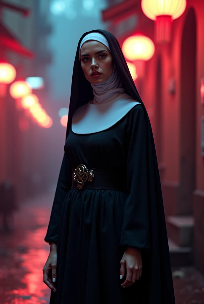 woman dj nun, dark, horror, red tones, gothic church in the background, ultra realistic, horror movie lighting, scary, chaos, neon lights in the background, realistic, dark, huge breast, Fujifilm Fujichrome Provia 100F movie, flashlight, ultra realistic, 8K UHD. --auto --s2