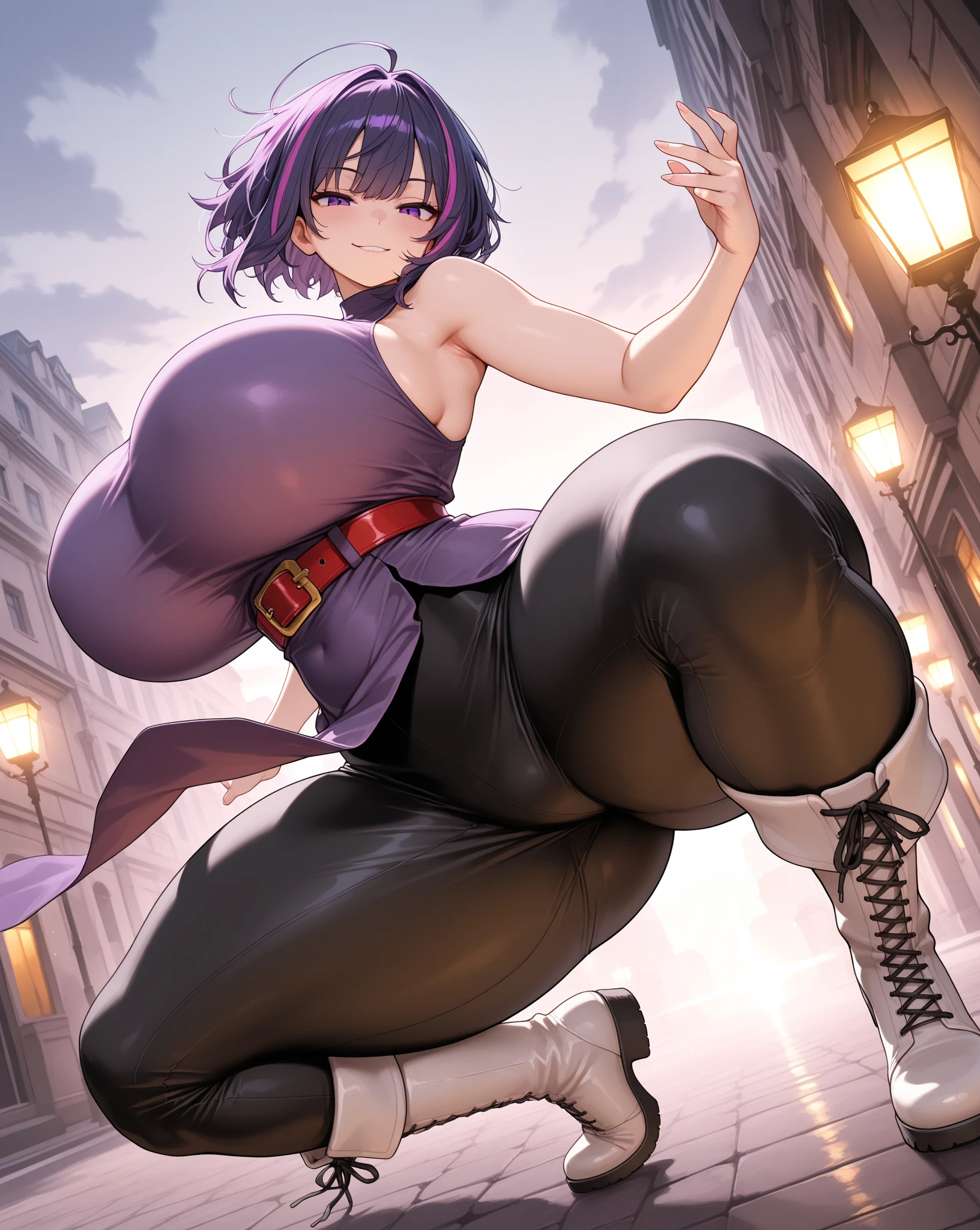 SFW, 30 year old woman, sexy mature asian woman, oval face, detailed face and eyes, beautiful purple iris, white eyeballs, JURIMS, SFIV, hair horns, extremely delicate lips,  (very suggestive smile:1.2), evil smile, wicked smile, smirk, angry fighting pose, baggy white pants, thick thighs, barefoot, medium breasts, purple eyes, long eyelashes, thick eyelashes, 8k uhd, HDR ,extremely detailed CGunity 8k wallpaper, city street, crowd of people, full body, wide angle, sigma 35mm lens, full body, (8k), (4k), looking at viewer,