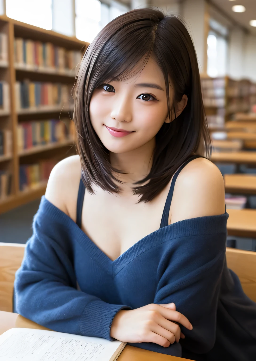 ((highest quality)), ((masterpiece)), (detailed), ((Highest quality))、RAW、4K、High resolution、Perfect Face, Japanese、28 years old、female、short hair、Bob Hair、Large Breasts、Cleavage、Black sweater、Perfect Anatomy、Anatomically correct body、Studying in the library、There is a book on the desk、((I have a pen))、((Looking at the pen))、