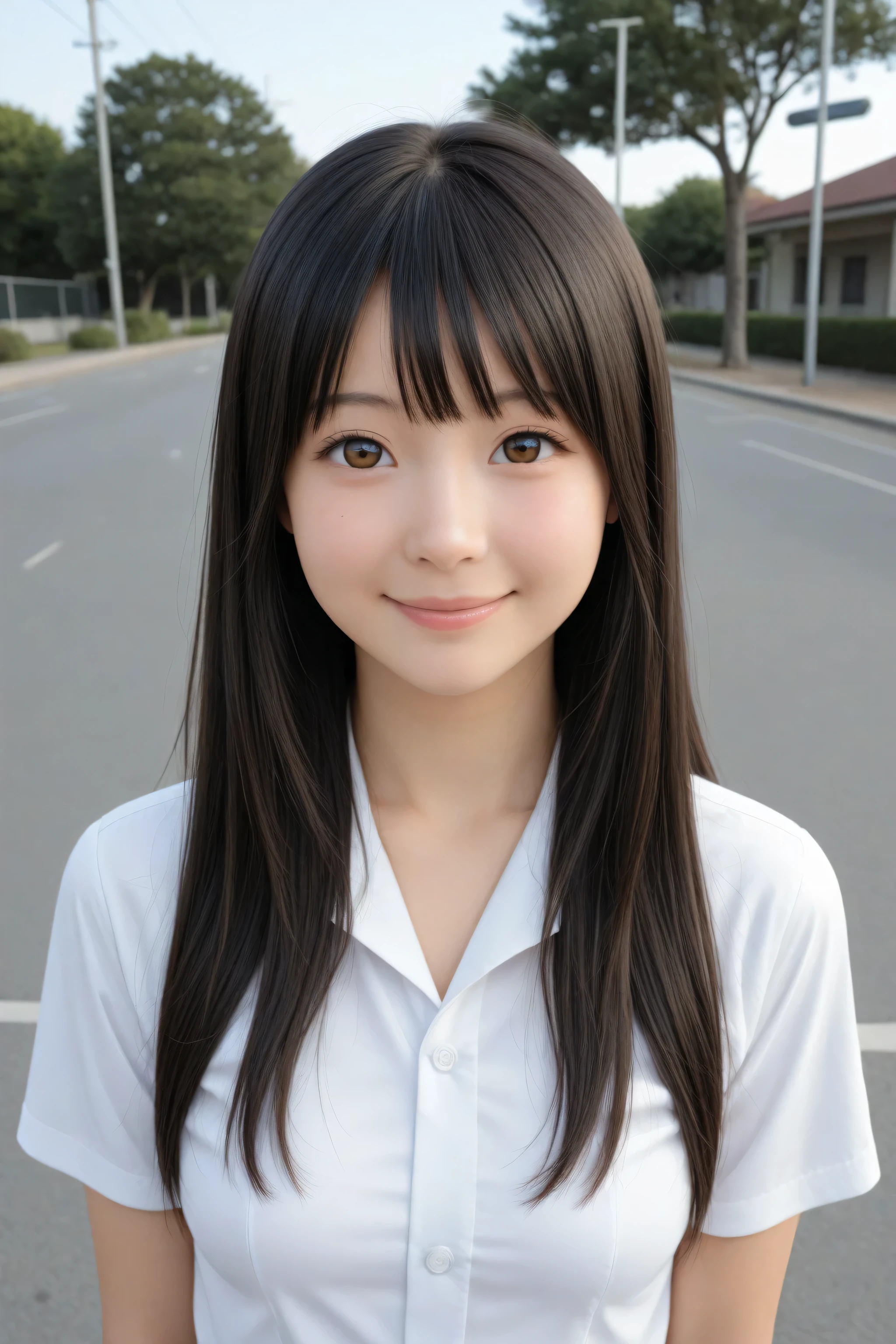 photorealistic, masterpiece, top quality, Very High Resolution, hi-res, Fine Textures, Super Detailed, Realistic, Realistic, cute, 女子student, sight, semi-long hair, Standing, dark haired, big eyes, Fair skin, 14 years old, student, uniform, Smile Yan, fine, On campus, upper body, shiny hair, crunchy, Petite, small