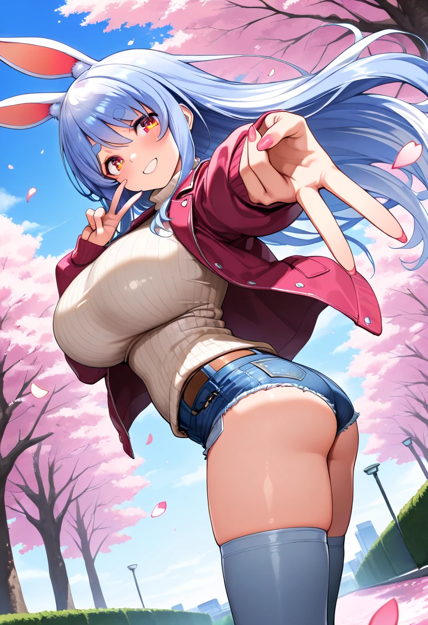 naked, big breasts, nipple, bunny ears, short hair, cowboy shot, view from below, showing genital, squatting