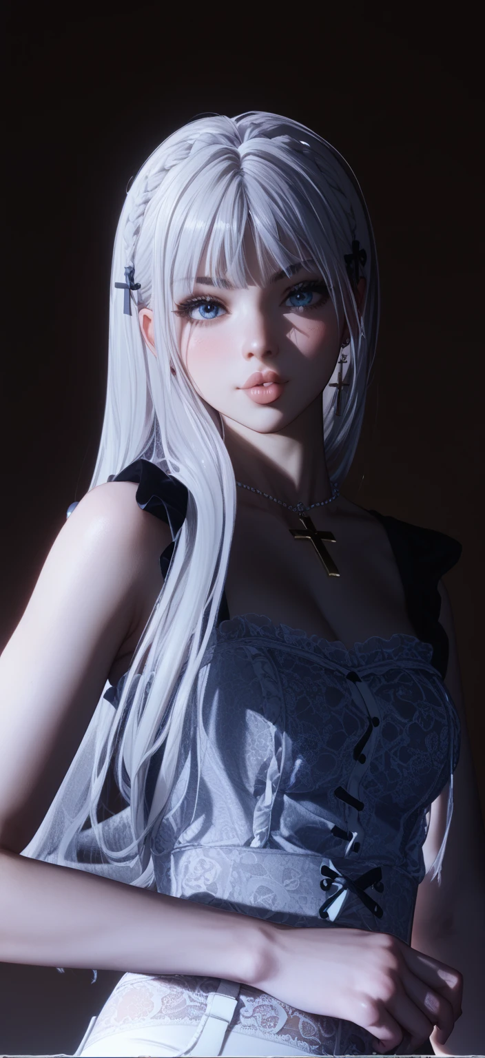 Masterpiece, Highest quality, (solofocus), (Perfect face:1.1), (High detail:1.1), (hyper detail eyes), Dramatic, 1人, (Pale skin), Long white hair, Ethereal eyes, (Light eyebrows), Solo, Long hair, JTiago Azevedo, Moon, Night, white luxury suit, pouty lips, fur, proud expression,beach, Detailed background, Art germ, Cinematic lighting, rosette, Fashion, BalenciagaStyle