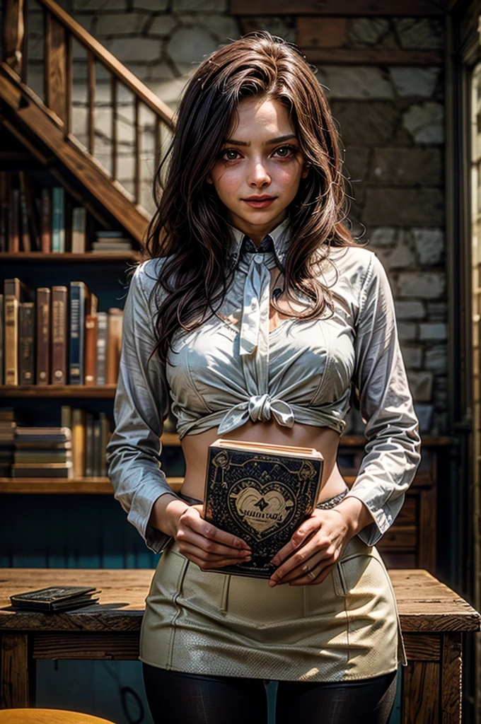 Sexy Steampunk Librarian, victorian age, wearing steampunk googles, reading at her desk, in library, busty, cleavage, perfect hands perfect fingers perfect breasts perfect fit perfect body perfect face perfect image realism detailed background detailed outfit micro bikini, shirt unbuttoned, black stockings, lewd librarian, hyperrealism, photorealistic, unreal engine, 3dcg, octane render, 8k highest resolution highly detailed