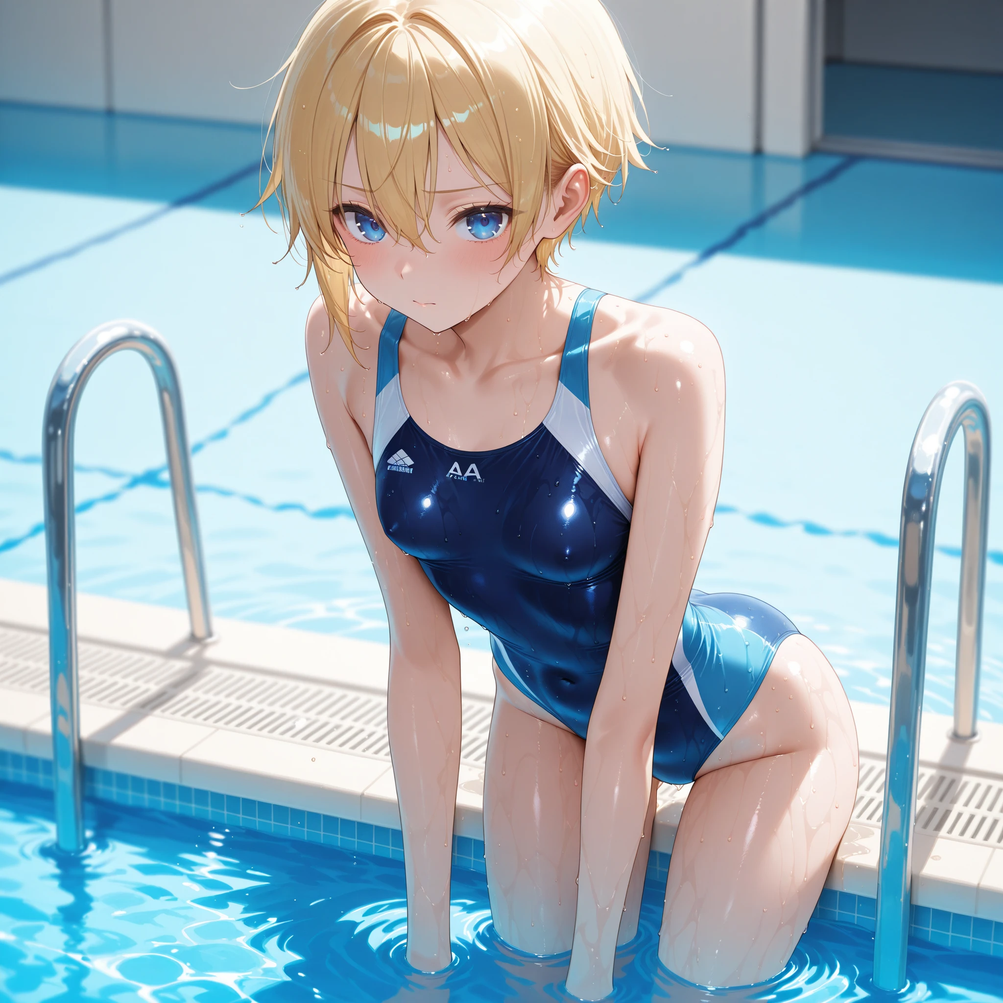 top-quality、Full limbs、complete fingers、Slender beauty、straight haired、Bery short hair、knee high、School swim wear、Small eyes、Does not blush cheeks、school swimming pool