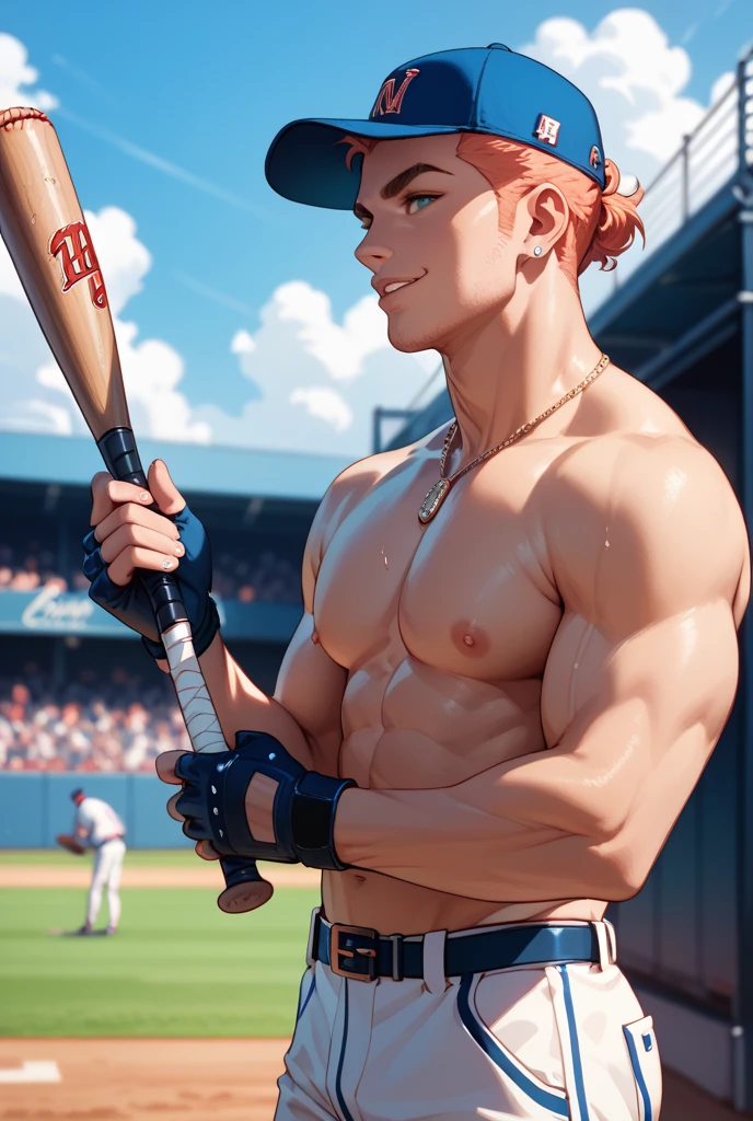 baseballplayer, photo of a man, holding baseball bat, helmet, white pants, gloves, baseball field, dugout, muscular, pectorals, abs, topless male, best quality, masterpiece, detailed background, depth of field, intricate details