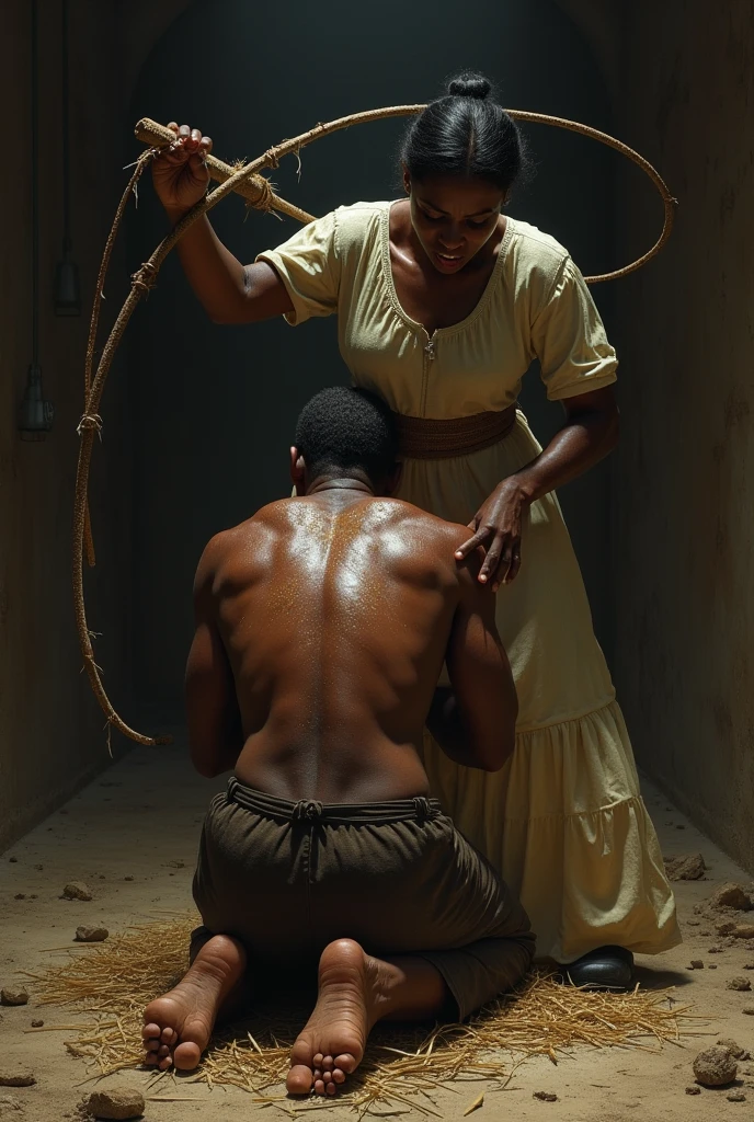 An African slave man lying on the ground with his hands tied behind his back, Himba, esclave prisonnier , Himba coiffure, strangled with a rope, Memorable scene from the movie Amistad, Scene from a live action movie, action scene from the film, scene from a movie, Image from a live action movie, Membres de la tribu attaquant, Scene from the film