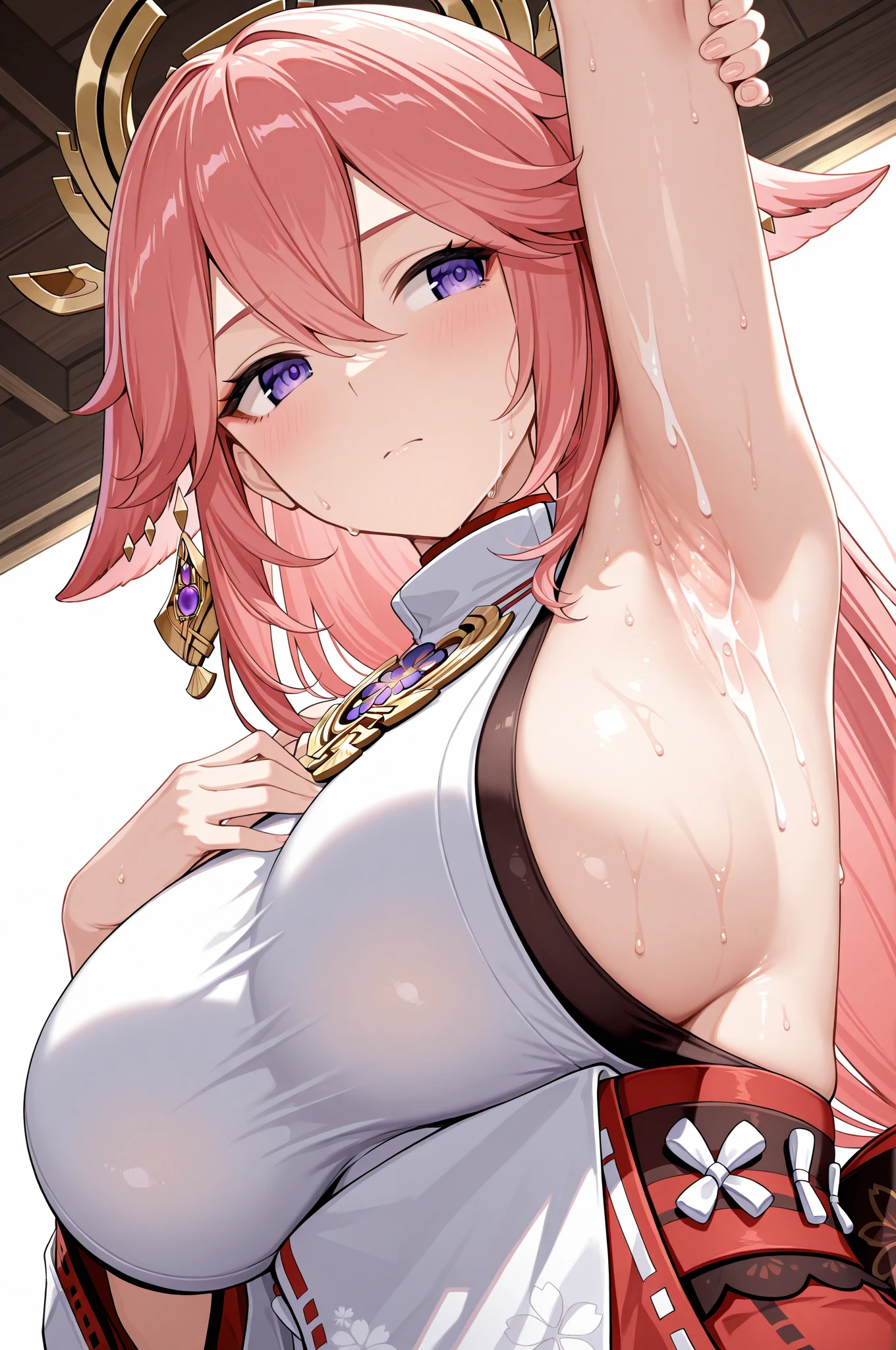 ((Best quality, 8K, Masterpiece: 1.3, 1girl, Beautiful girl)), cute, Dynamism, Detailed face, Detailed skin, detailed clothes, Detailed eyes, Detailed lips, Detailed tongue, Detailed fingers, Detailed mouth, Photorealistic, Raw photo, highres, Natural lighting, dynamic pose, perfect anatomy, toned legs, double eyelids, tear bags, round eyes, moist lips, sweaty, (yaemiko, pink hair, hair between eyes, long hair, japanese clothes, hair ornament, ornament on the chest, sideboob:1.2), skirt, half closed eyes, sticking tongue out, open mouth, drooling, cum on breasts, ecstatic face, ahegao:1.5, spreading legs, ((hands of men are grabbing her breasts, multiple hand)), men, slim body, skirt lift, lots hands of men are touching her body, cum in vaginas, cum on thighs, restrained arms with red rope, tied arms by red rope, red rope, rope bondage, steam:1.5, peeing herself, shape of nipple, sheer, wet clothes, arms up, (dildo in vaginas, sex toy in vaginas), skirt lift