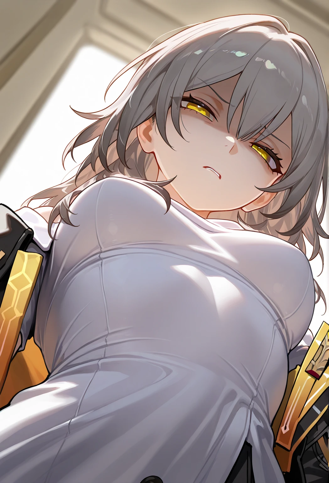 Highest quality、Best image quality、masterpiece、Highest quality, Very detailed,,One person, alone, At Nikkean, anise,short_hair,とてもbig_chest, light brown_hair, hair_ornament, chestの谷間,full_body, yellow_eye, black_Knee socks,knit,Cream_knit,Moe sleeves.Off the shoulder,Off the shoulderknit,とてもbig_Thighs,Big Breasts, sunlight,Huge_chest, Face close-up,Huge_chest,big_chest,