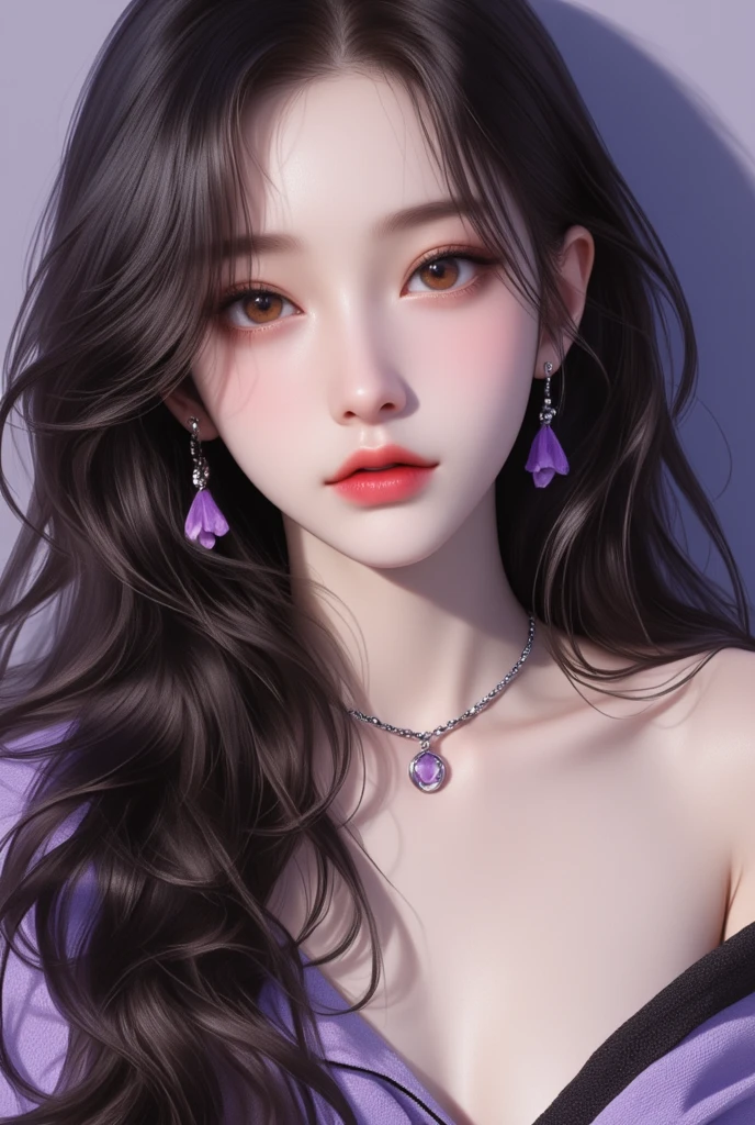 1girl, purple dress, hourglass body shape, waist up, beautiful detailed eyes, beautiful detailed lips, extremely detailed face and eyes, long eyelashes, elegant, serene expression, soft lighting, warm color palette, intricate floral pattern, photorealistic, high quality, masterpiece, 8k, ultra-detailed, vivid colors, professional digital art