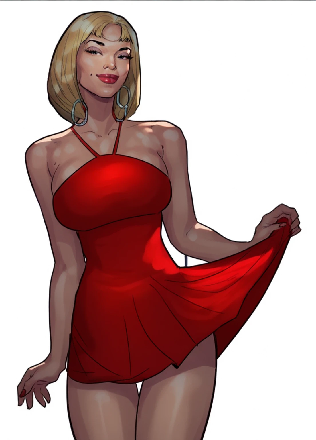 Full body, bedroom, looking at viewer, Short bob haircut, Windswept Messy Bob purple Hair, eyeliner, (red dress), (red lipstick), (light blue pearl necklace), cleavage, milf, mature