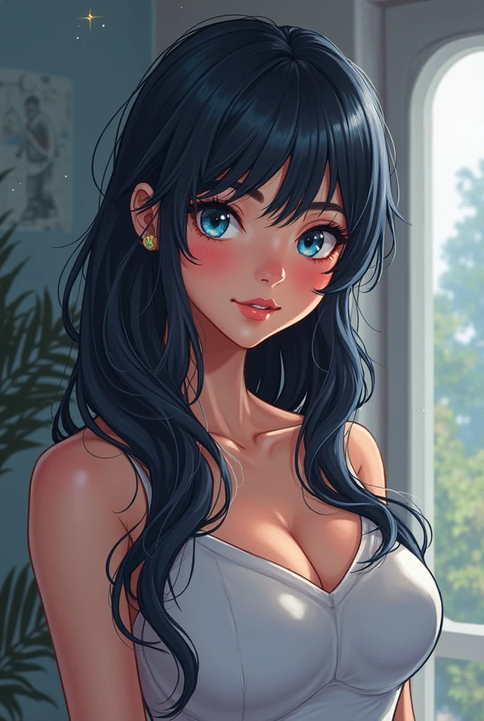 Cute Princess Azula blue eyes pink lips Wearing leggings and top strapless blue, showing off her beauty indoor, wood floor