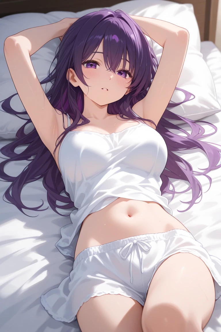 Thunder General, on the bed, long hair, Wearing a wet white T-shirt, Wearing underwear, nude,Slim body, joy, Perfect breasts
