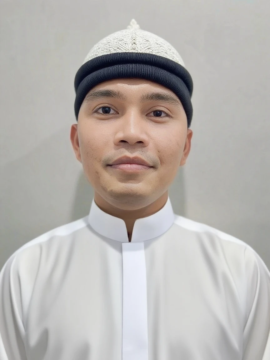 cowok jumatan, use white cocoa, selfie photo from below, Handsome, no blur background