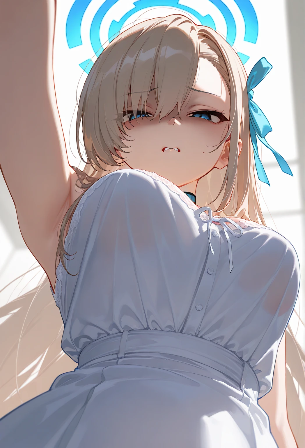 best quality, amazing quality, very aesthetic, absurdres, 1girl, toki (blue archive), blue archive, eyes, hair, strapless, (artist official art:1.5), (realistic face), (narrowed eyes), (cowboy shot), (art:1.5), panties, (thigh), expressive eyes, perfect face, 4k, extremely detailed anime illustration, extremely detailed eyes, enhanced details, perfect anatomy, light rays, photo background, extremely delicate body, smooth skin, feminine expression, (black background:1.5), cristal clear eyes, beautiful face, small breasts