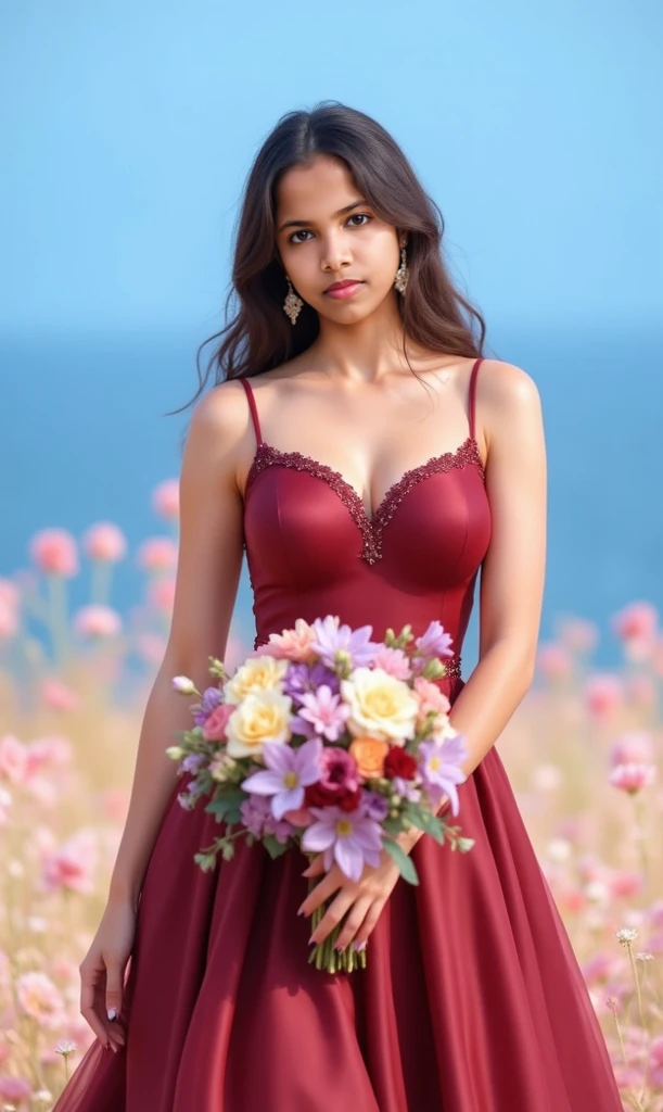 (​masterpiece, best quality:1.5), highest quality, High resolution, super detailed, Realists, Upper body photo of a 22 year old black flower girl, dark skin, detailed and beautiful eyes, beautiful detailed lips, very detailed eyes and face, longeyelashes, 22-year-old woman in a burgundy short dress made of shiny satin fabric, Beautiful and colorful makeup, elegant and noble々Pose,shiny satin headband, grind, Holding flowers, Gardens as background, soft daylight, bright colors, fine brushstrokes, Portrait style, Noble details in the dress fabric, beautiful color palette, glowing skin, First-class rendering, that captures every detail, enchanting atmosphere, subtle shadows and lights, (perfect anatomy:1.2), (The stunning 22-year-old flower girl carries a basket of rose petals. (magnificent panorama view:1.2)