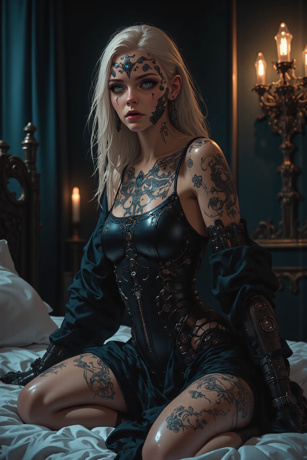A dark elf (cute woman, pale white skin, large pointy ears, blood red eyes, large evil tattoos, sheer black lingerie), she is studying the glyphs in her summoning chamber, show all of her
