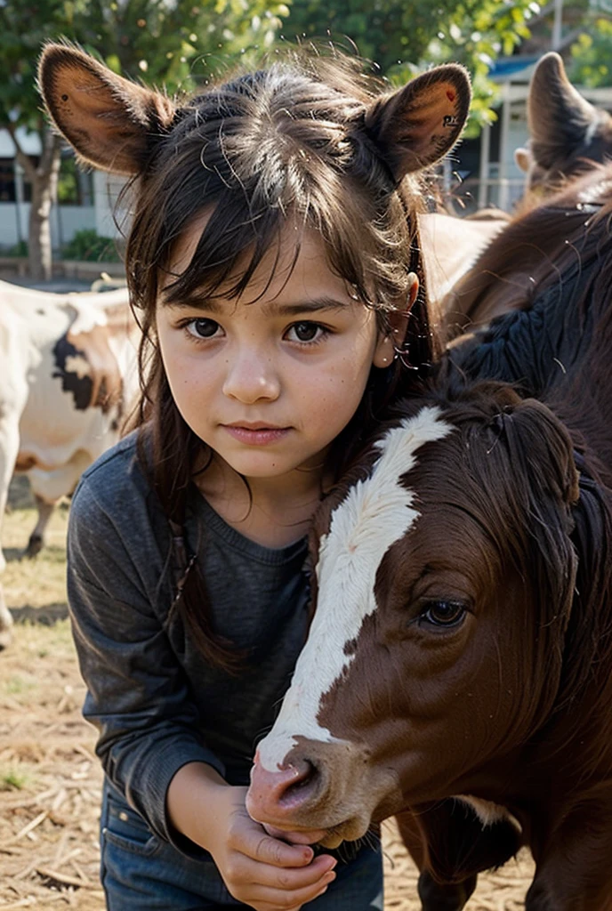 A young girl with brown hair in a blue sleeveless dress, smiling and posing closely with a brown calf wearing a harness. They are outdoors on a sunny day, with a blue sky and some structures faintly visible in the background. The photograph captures a moment of connection and warmth between the girl and the calf