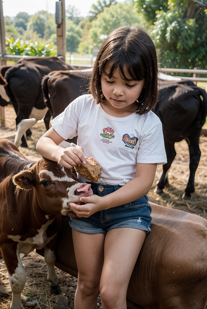 A young girl with brown hair in a blue sleeveless dress, smiling and posing closely with a brown calf wearing a harness. They are outdoors on a sunny day, with a blue sky and some structures faintly visible in the background. The photograph captures a moment of connection and warmth between the girl and the calf