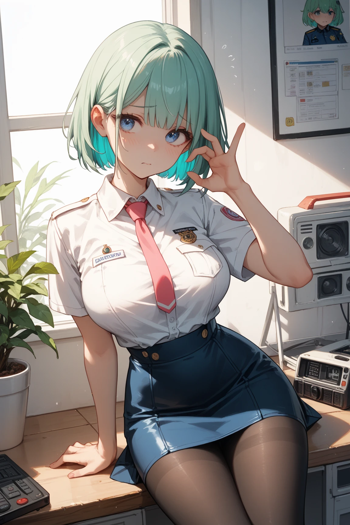 Girl, very, very short light green hair, very, very, very large breasts, exposed stomach, very, very short skirt, short hair similar to boys&#39; hair, , school clothes 