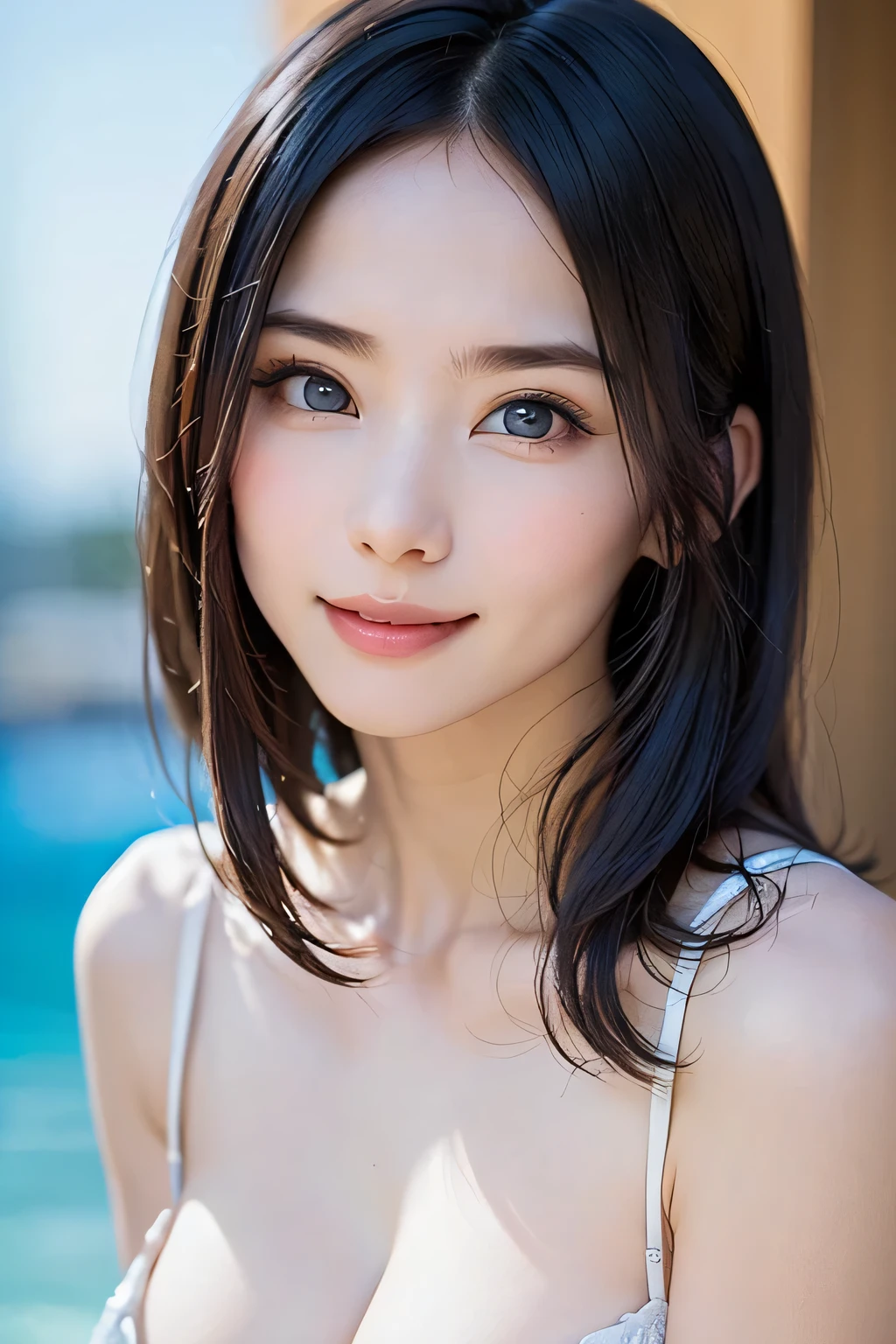 ((nsfw、top quality、best image quality、just one beautiful and cute woman、 A beautiful woman with a very cute golden ratio who boasts overwhelming beauty、The beauty of symmetry、realistically depicts everything in high resolution high definition、God of rich nature、Beautiful and cute face、 Eyes drawn in high resolution 、lashes drawn in high definition、Beautiful and cute symmetrical faces, A long, beautiful neck、bangs:1.6、Beautiful Décolleté、gloss、perfect anatomy、cute smile、Teen))、({gigantic|big|huge|mega} breasts, cleavage)、ideal ratio、Golden Ratio drawn in high resolution、perfect anatomy、 Transparency、sparkling、Off Shoulder、((beautiful teeth、expressive、Love projected on camera、I'm a little shy、bangs, beautiful landscape with only rich nature and bright green in the background、moist blue background of water、beautiful blue sky))