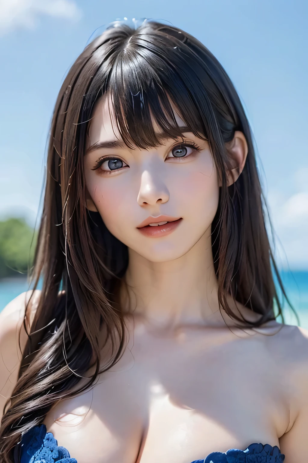 ((nsfw、top quality、best image quality、just one beautiful and cute woman、 A beautiful woman with a very cute golden ratio who boasts overwhelming beauty、The beauty of symmetry、realistically depicts everything in high resolution high definition、God of rich nature、Beautiful and cute face、 Eyes drawn in high resolution 、lashes drawn in high definition、Beautiful and cute symmetrical faces, A long, beautiful neck、bangs:1.6、Beautiful Décolleté、gloss、perfect anatomy、cute smile、Teen))、({gigantic|big|huge|mega} breasts, cleavage)、ideal ratio、Golden Ratio drawn in high resolution、perfect anatomy、 Transparency、sparkling、Off Shoulder、((beautiful teeth、expressive、Love projected on camera、I'm a little shy、bangs, beautiful landscape with only rich nature and bright green in the background、moist blue background of water、beautiful blue sky))