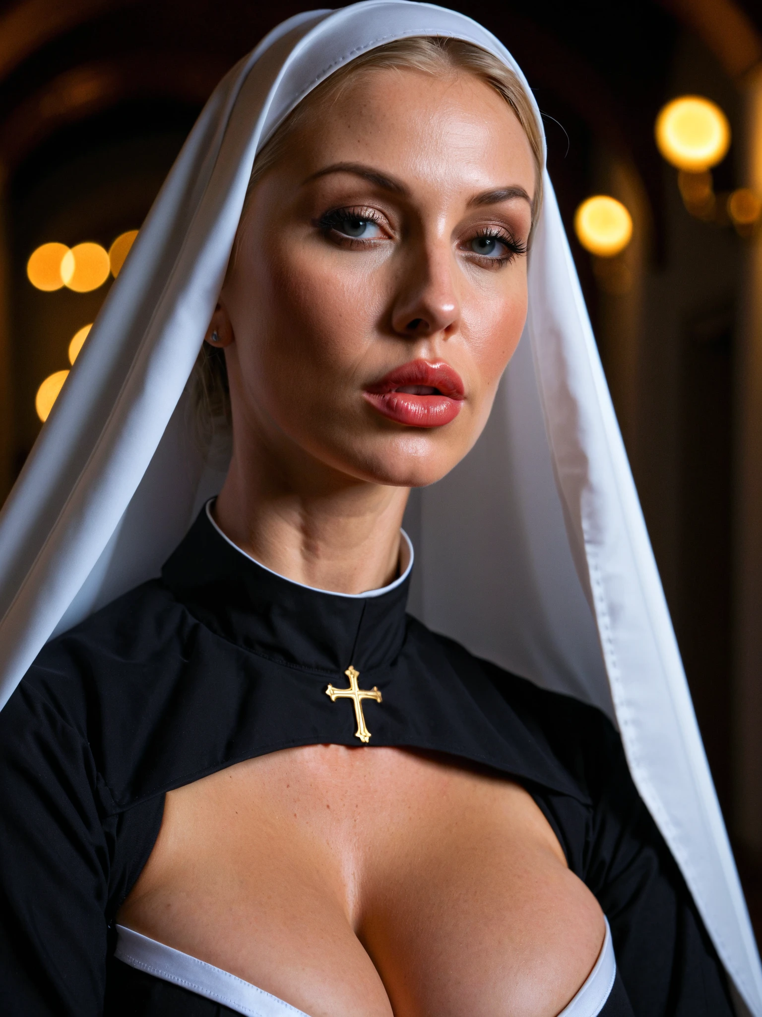 ((one beautiful nun)),front view,(long blonde hair and gloriole around her hair),(( in a confessional with ornaments)); (nsfw),((hold both breasts with hands)), ((purple bra with golden lace)), (full body), (arouse), cleavage, well formed body, intricately detailed eyes, Hyper-Realistic, Hyper-Detailed, best quality masterpiece, photorealistic, detailed, sharp focus, 8k, HDR, shallow depth of field, broad light, high contrast, backlighting, bloom, light sparkles, chromatic aberration, sharp focus, vivid colors,Artgerm, Greg Rutkowski, 35mm