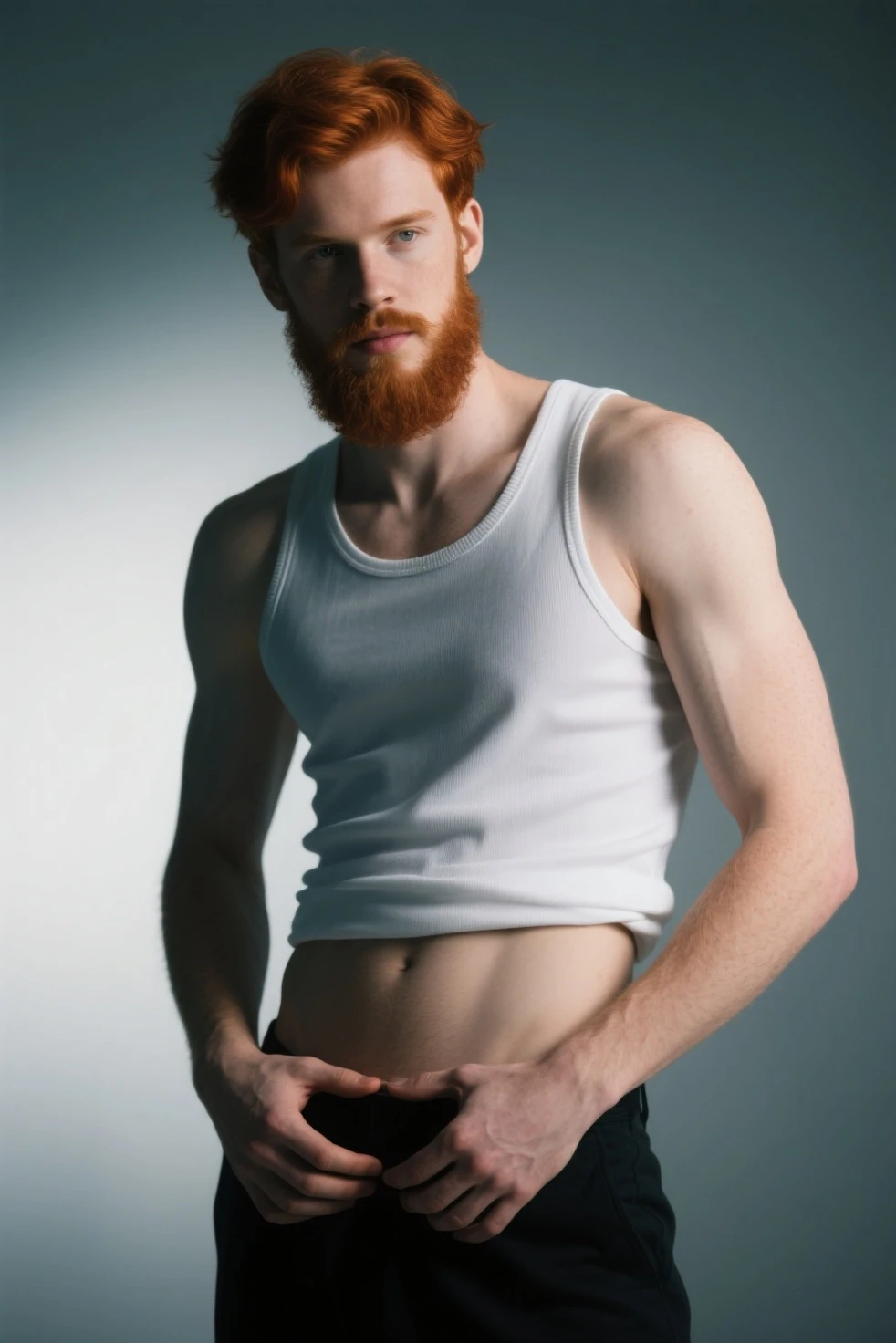 young white man with red hair and beard, wearing white low-cut underwear, he is standing leaning against a white wall, the sunlight is cutting out the scene, light and shadow