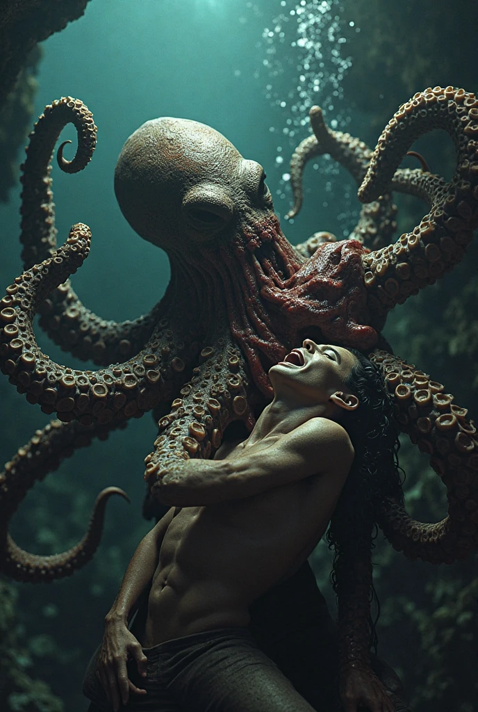 (extremadamente detallado, obra maestra, La mejor calidad, Under the Ocean), Estilo oscuro, volumetric illumination. armadura medieval, rostro con arrugas, lengua larga, tentacle, deforme, imagen submarina vista desde el exterior, pico de pulpo amenazante. manchas de tinta. Rococo composition. Luz de caravaggio