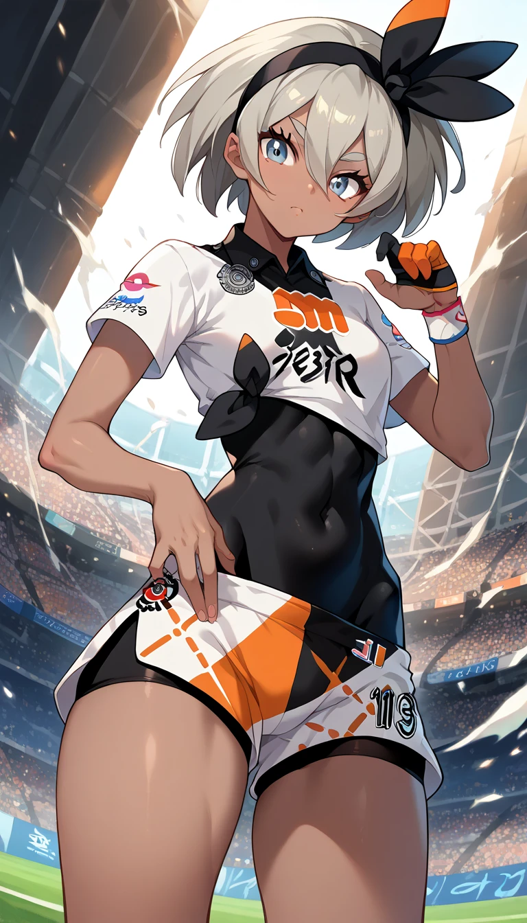 masterpiece, best quality, highres,  <lora:BeaPokemon:1>, 1girl, solo, shorts, bodysuit under clothes, hairband, bodysuit, short sleeves, single glove, shirt, black hairband, print shirt, black bodysuit, collared shirt, looking at viewer,  closed mouth, bow hairband, outdoors, soccer field, stadium, (((night))),