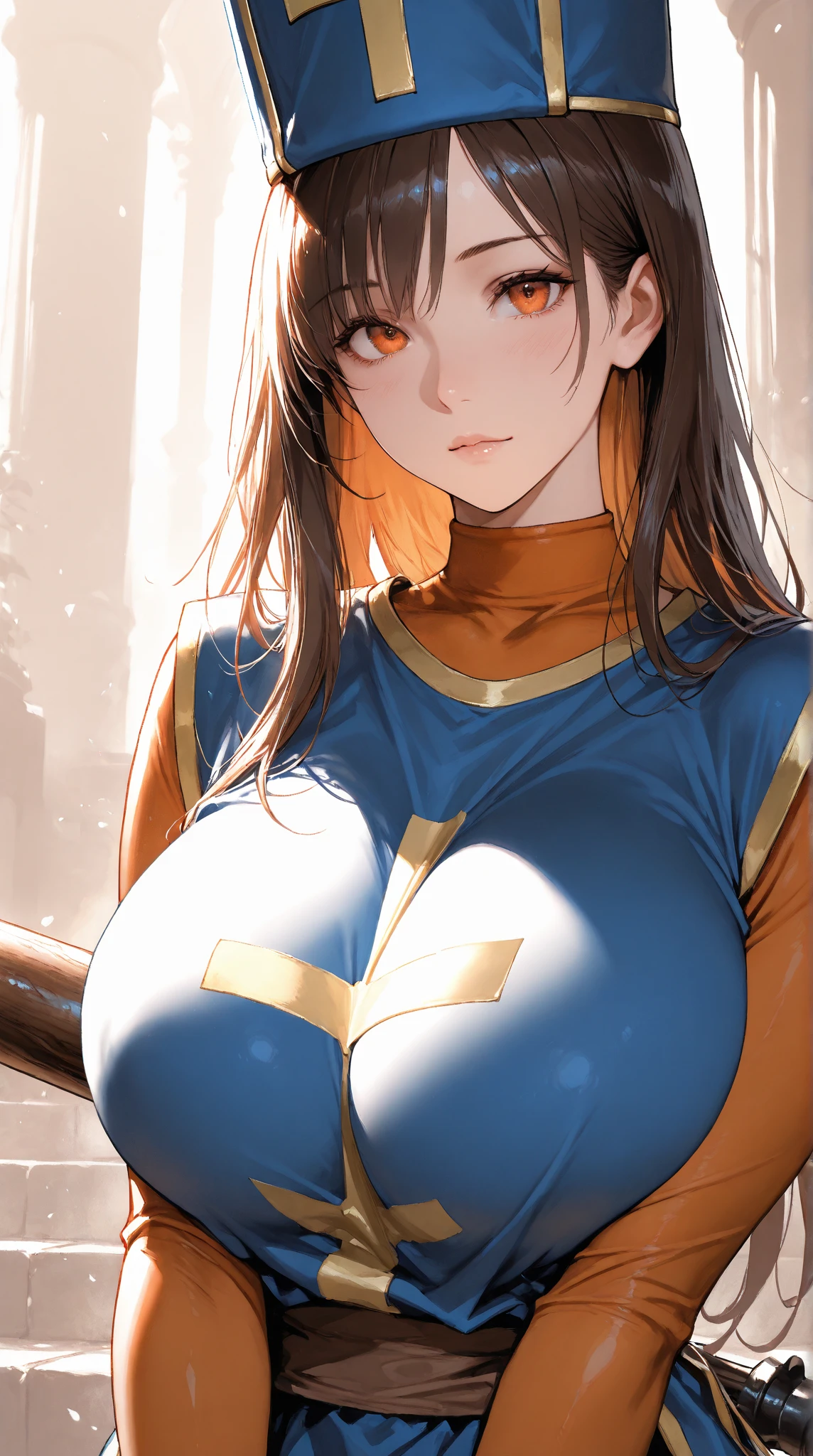 air groove \(umamusume\), priest \(dq3\), orange bodysuit, mitre, tabard, elbow gloves, big tits