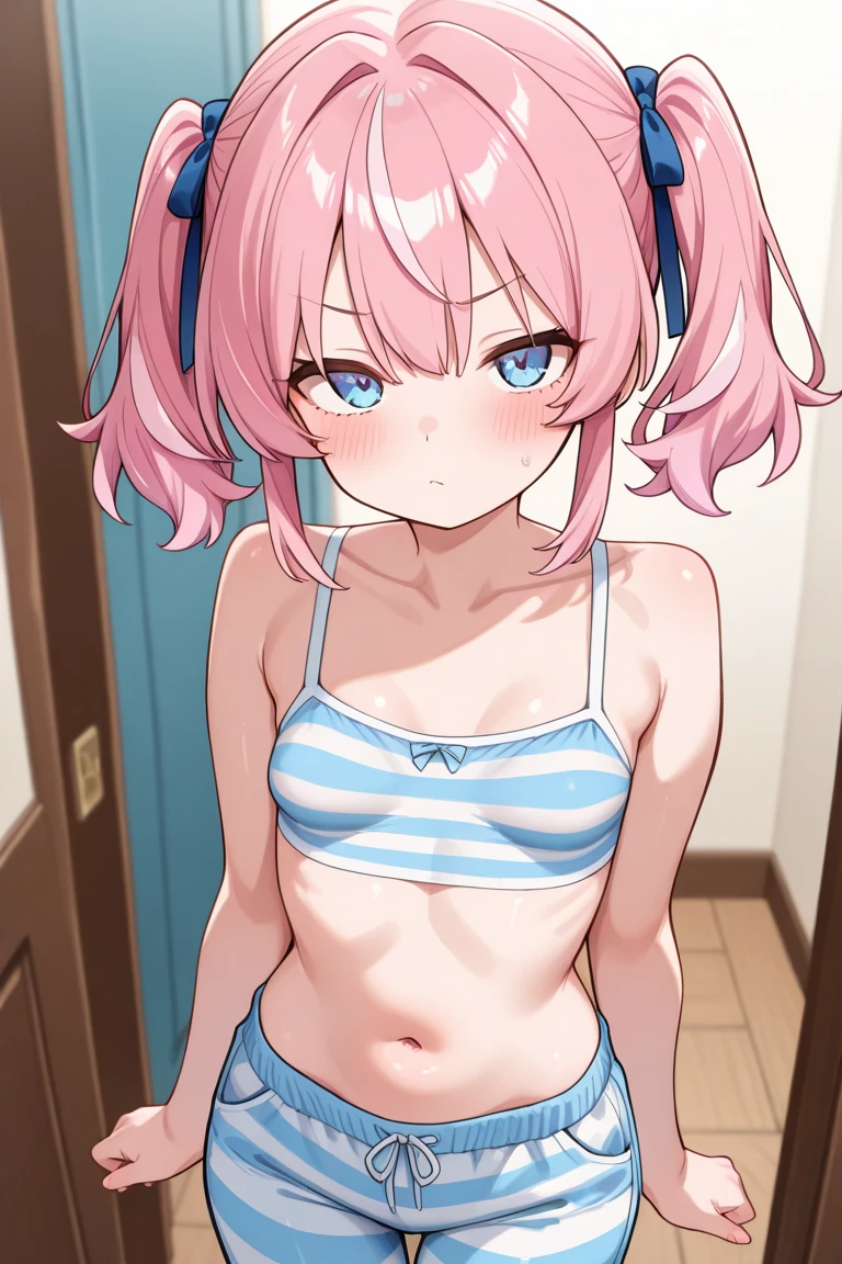 masterpiece, highest quality, very detailed, girl,twin tails, pink hair, hair ornaments,hair bobble, blue eyes,indoors,shirt lift,topless