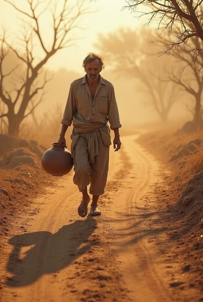 Story of Dhruv the farmer: Show Dhruv, a farmer, working in a field during a drought. The ground should appear dry, but Dhruv is carrying water from a well to his crops with determination. The sun should be high in the sky, and other villagers can be seen watching