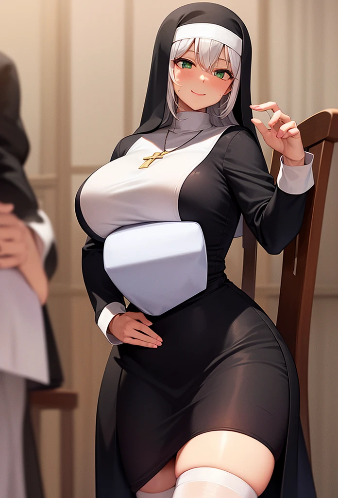 (best quality, masterpiece, absurdres), (yabby:1.3), yabbystyle artist style, 1girl, solo, black hair, wide hips, happy, smile, book, reading, ((gigantic breasts, nun)), <lora:YabbyStyle_01:0.75>, church, cathedral, holy, crossed arms, blue eyes