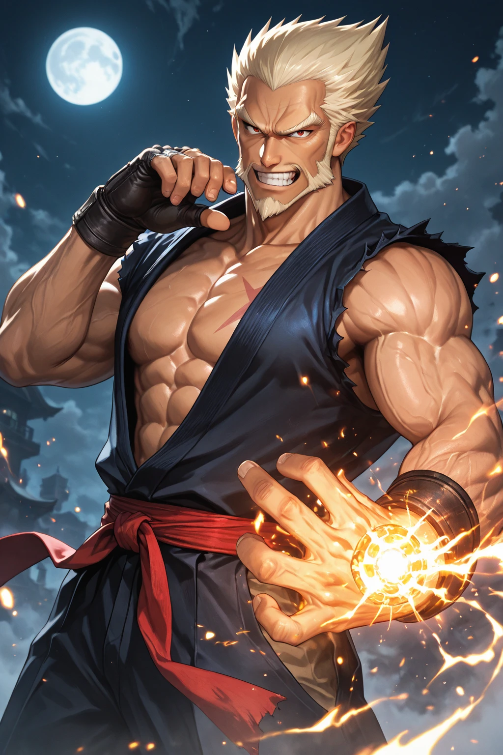 masterpiece, best quality, KazuyaV4, 1boy, abs, aura, electricity, energy, energy ball, fingerless gloves, fire, gloves, glowing, jewelry, lightning, magic, male focus, muscular, red eyes, solo, <lora:KazuyaV4:1>