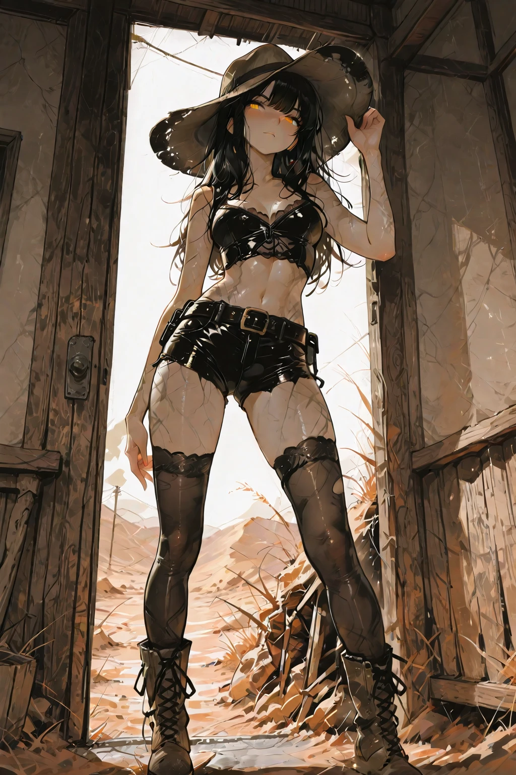 melhor qualidade, highres, 1girl, solo, cabelo preto, seios, rabo de cavalo dobrado, olhos laranjas , seios grandes, micro bikini, ao ar livre, Cowboy Shooting ]