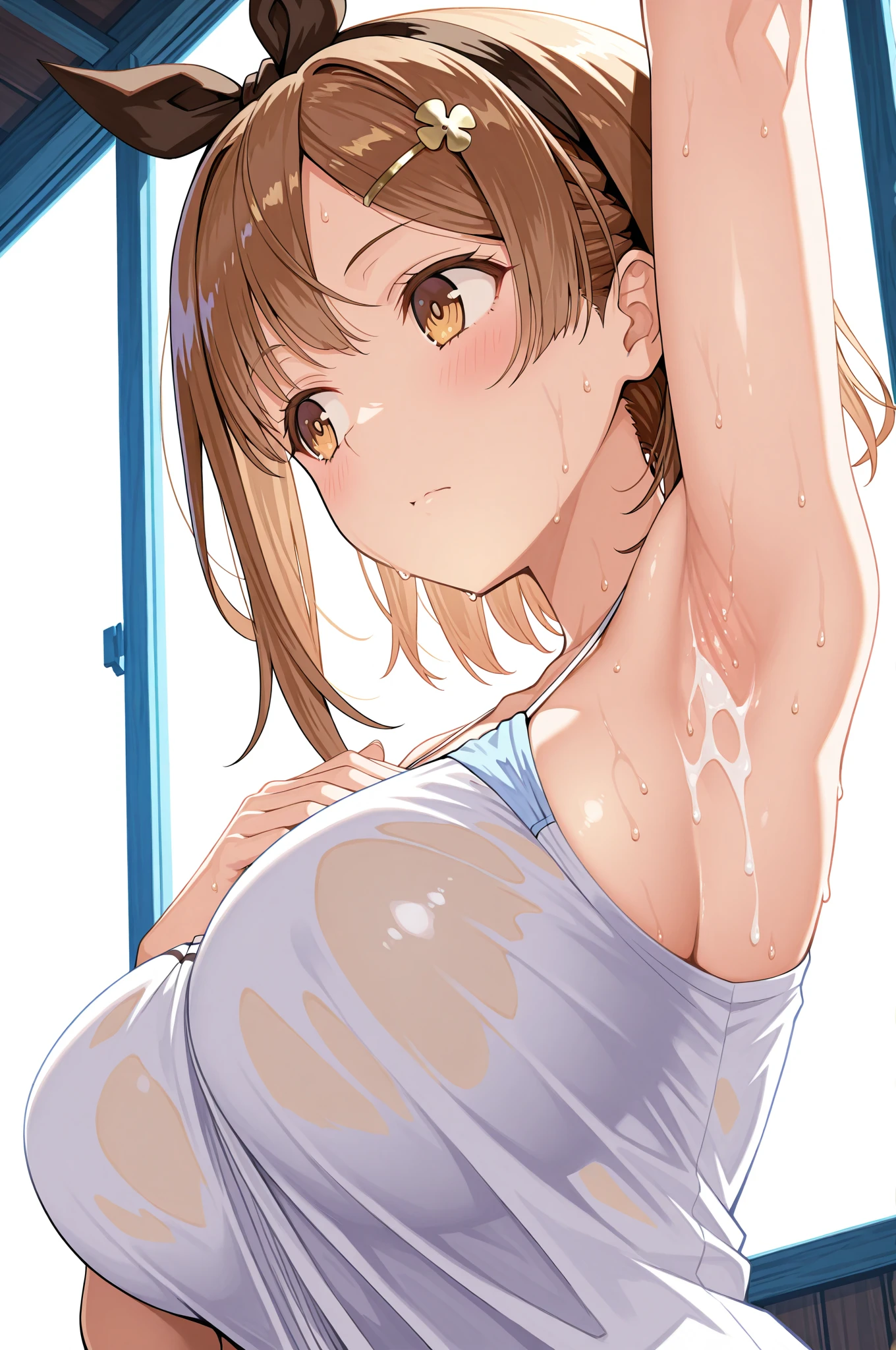 、(masterpiece、Highest quality)、Highest quality, Ultra-high resolution, (((masterpiece))), alone, Sweat、Big eyes, Composition from the front、Shortcuts、Embarrassed face、Bronze colored hair、Cut the back hair short、Bathroom、Shower scene、 Expose、Completely naked、pubic hair、belly button、Large areola、Nipples、short hair