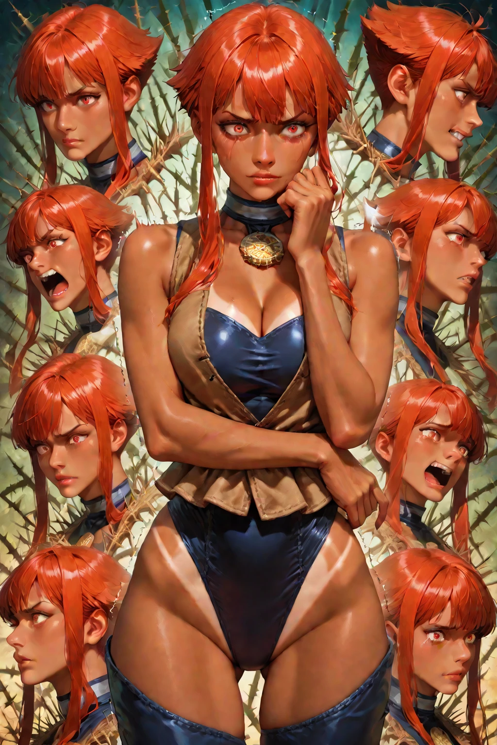 Female warrior sheet, Multiple design, Full body nude view, perfect face, green eyes, beautiful female (nami of one piece), topless character, dance pose, muscular back female, multiples pose, (Character design sheet) white skin, perfect Big breast, Orange hair, design sheet, green cape, warrior top, warrior boots.