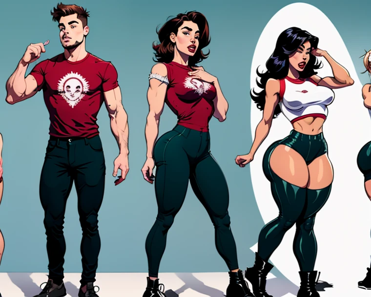 ((masterpiece)),(((best quality))),((character design sheet)), illustration,1man, boy, 1 girl, 1 woman, environment Scene change,  ((man is (pompadour:0.9)(black skin:1.1)), muscular, (white shirt:1.2), white underwear, masculine, rugged, manly, sharp edges, heroic, pink legs, thick legs,)) (woman is redhead with ponytail,((puffy lips))) scribbles and marks, rough sketches, pose too, color palette, 8k,16k, (simple background, light background: 1.3)