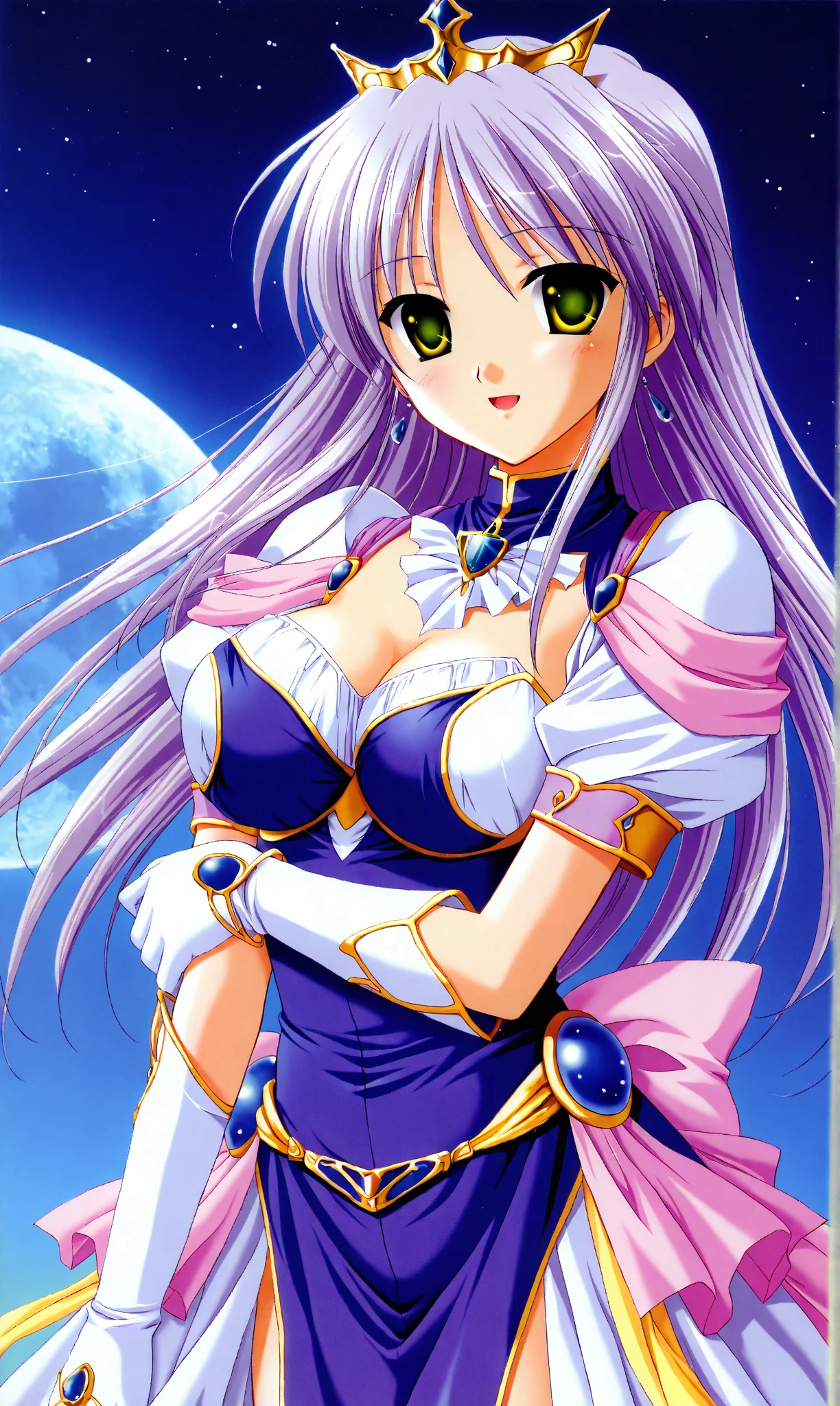 Tabletop, highest quality ,Are you okay'Anime Drawings, Crown, Green Eyes, Light purple hair, Long Hair, White bunny suit, White gloves, clear lines, Cleavage,Thighs Thighs Thighs Thighs